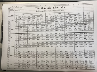 THỜI KHÓA BIỂU HỌC KÌ I NĂM HỌC 2018 - 2019