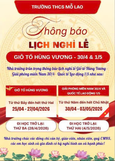 Thông báo: Lịch nghỉ các ngày lễ Giỗ Tổ Hùng Vương, 30/4 và 01/5 năm 2026