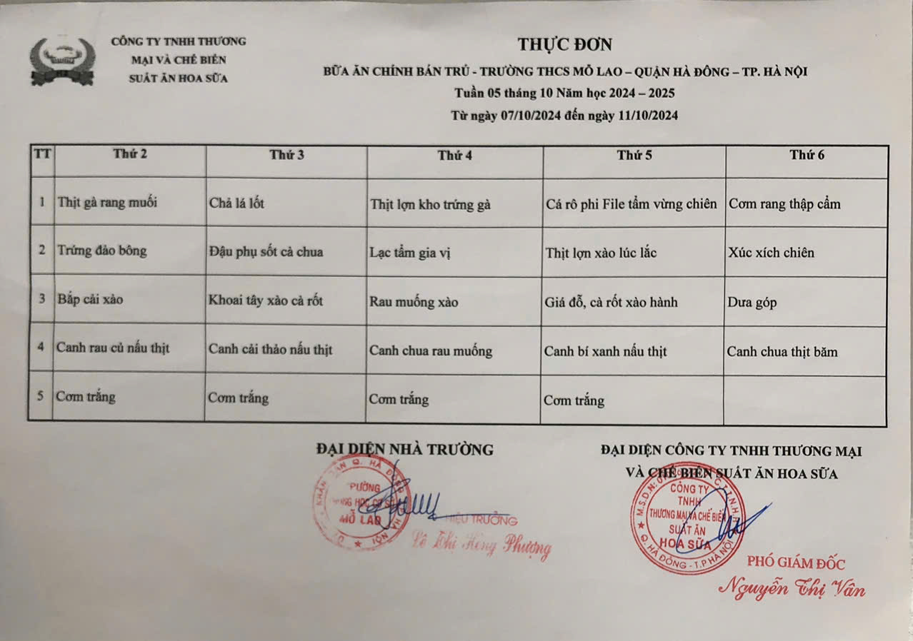 thực đơn tuần 5