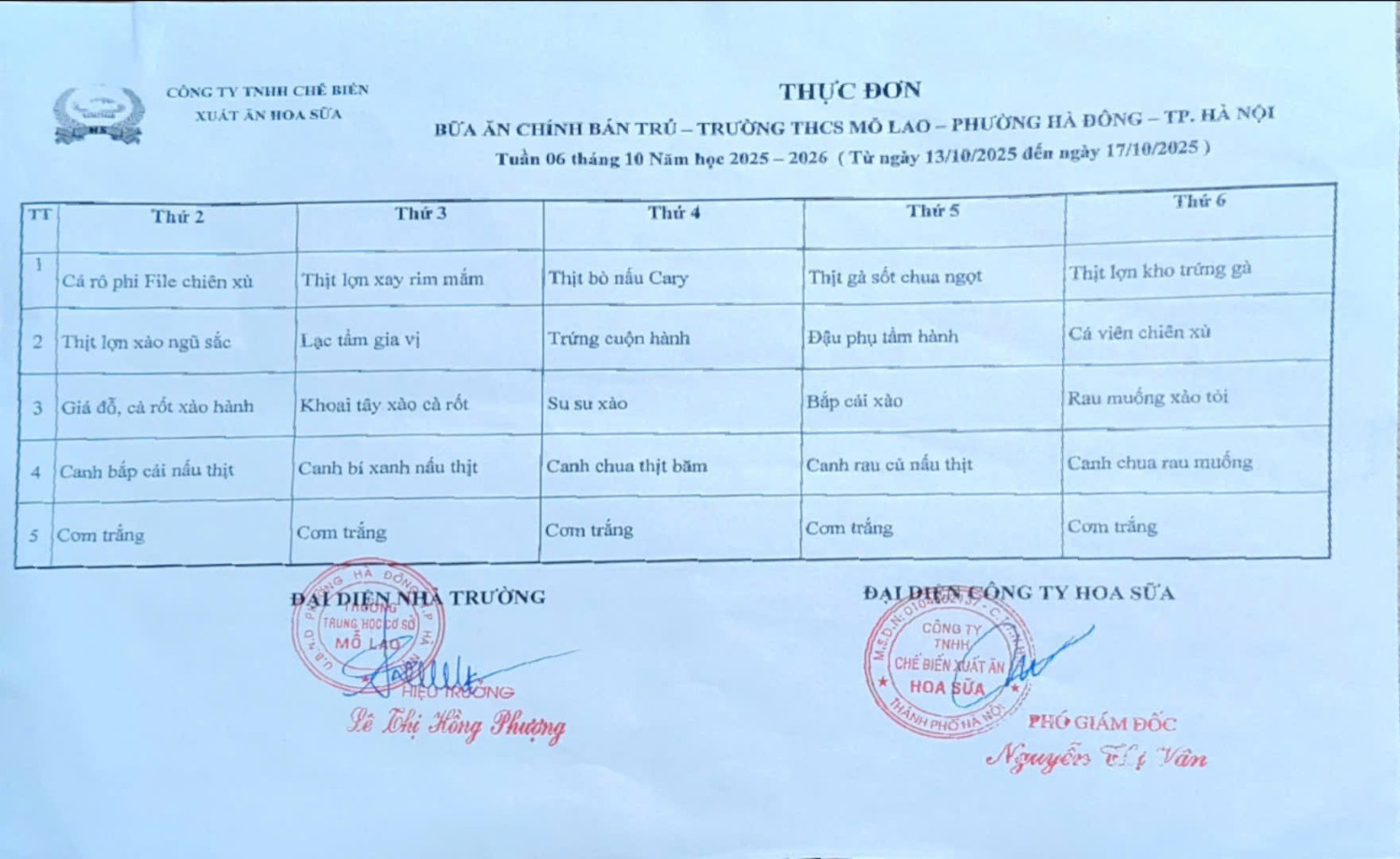 thực đơn tuần 6 ae